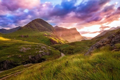 Scotland, Highland Valley, Mountain, Road, Clouds, Sky, Sunset ...