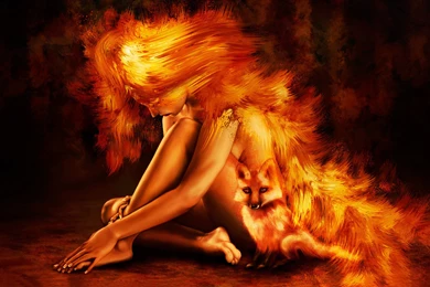 Woman And Fox On Fire Wallpapers