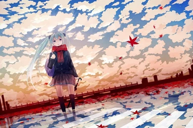 Girl, Leaves, Miku, Autumn, Umbrella, Anime, Vocaloid Wallpapers 5606