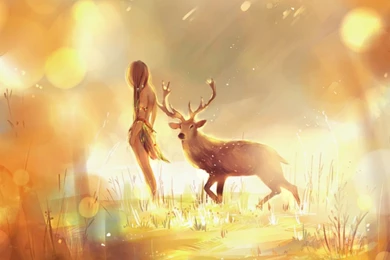 Painting Of Beautiful Girl With Deer In Forest Wallpapers