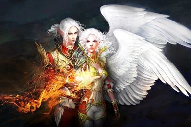 Fantasy Couple Angels Wings Fire White Hair Wallpapers