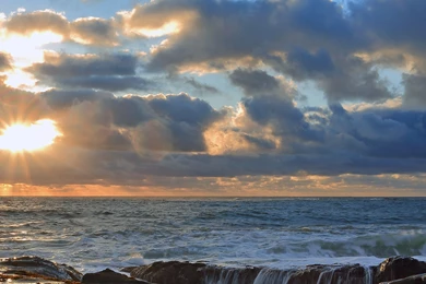 Download Wallpapers 3840x1200 Pacific Ocean, Sunset, Rocks, Clouds ...