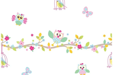 PATCHWORK OWL WALLPAPER AND BORDER   WHITE PINK PASTEL BEDROOM ...