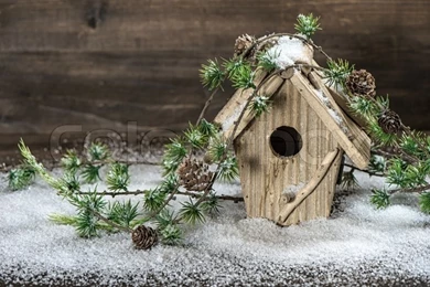 Birdhouse And Christmas Tree Branch Decoration Over Rustic Wooden ...