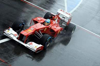 1024x600 Formula 1 Ferrari On A Wet Track Wallpapers