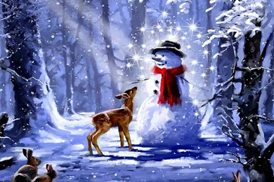 Winter: Christmas Blessings Snowman Peaceful Deer Painting Forest ...