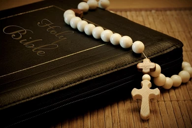 Bible Book With Cross Pendant White Rosary Beads