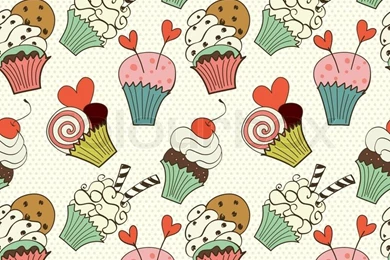Seamless Pattern With Hand Drawn Cartoon Cupcakes On Polka Dot ...