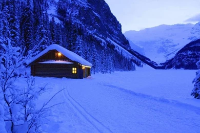 Download Wallpapers 3840x1200 Lodge, Evening, Mountains, Snow ...