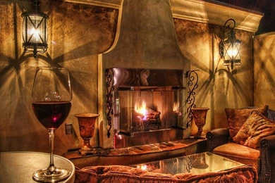 Couch Night Lights Fire Glass Cushion Fireplace House Living Room ...