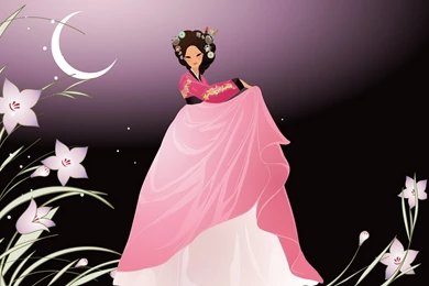 Unique Abstract Girl Flowers Moon Pink Dress Wallpapers