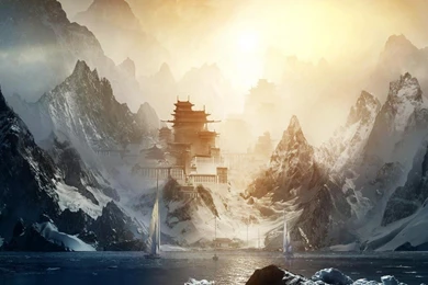 Mountains Japanese Boats Artwork Temple Wallpapers