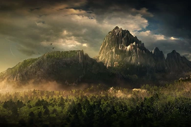 Mountain, Bird, Forest, Tree, Sky, Cloud, Moon, Fantasy, 1920x1080 ...