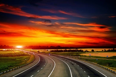 Highway & Fire Red Sky Wallpapers