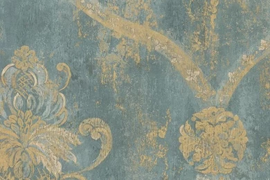 NORWALL GRAND CHATEAU, BLUE, GOLD, DISTRESSED DAMASK WALLPAPER ...