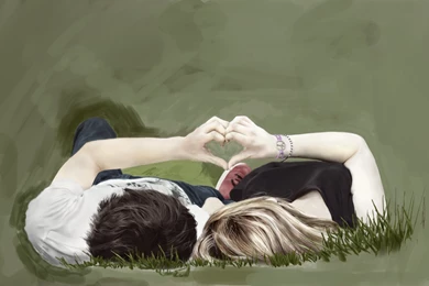 Painting Art Love Couple Girl Guy Lie Hands Heart Grass Wallpapers ...