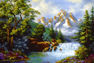 Mountain Stream With Flowers   Wallpaper.