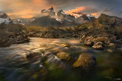 Los Cuernos Torres Del Paine Stream Mountain Patagonia Chile ...