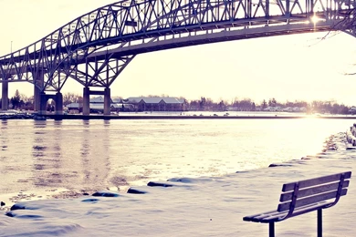 Download Wallpapers 2560x1024 Winter, Bridges, Beach, Light, Bench ...
