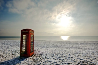 Red Telephone Booth On A Winter Beach Wallpapers   Beach Wallpapers ...