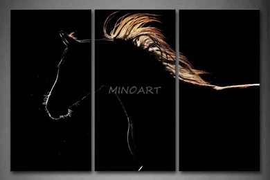 3 Piece Wall Art Painting Black Horse At Black Backgrounds Print On ...