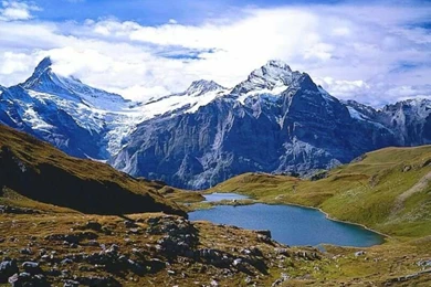 Lakes: Azure Lake Mountains Grass Snow Blue Peaks Sky Mountain ...