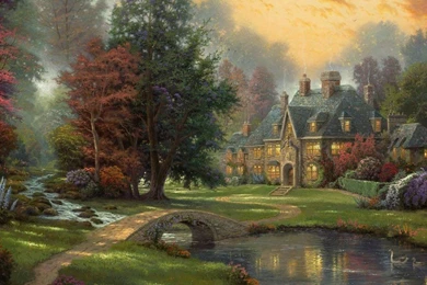 1366x768 Cottage, River, Thomas Kinkade, Landscape, Duck, Painting ...