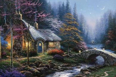 1366x768 Twilight Cottage, Painting, Thomas Kinkade, Painting ...