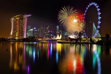 Marina Bay Sands And Singapore Flyer At Night