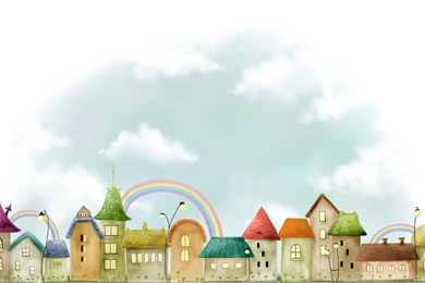 Artistic City And Rainbow Over The Houses Wallpapers