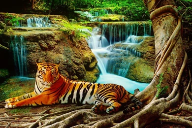 Resting Tiger Beautiful Forest Cat Rest Cascades Nature Waterfall ...