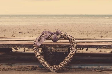 Download Wallpapers 3840x1200 Beach, Heart, Sand, Bench, Wicker ...