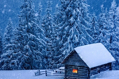 Winter: Wooden House Winter Forest Snowflakes Mountain Trees Hut ...