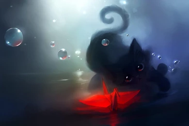 Wallpaper: Black Cat, Cute, Bubble, Folded paper Crane, Red, Dim ...